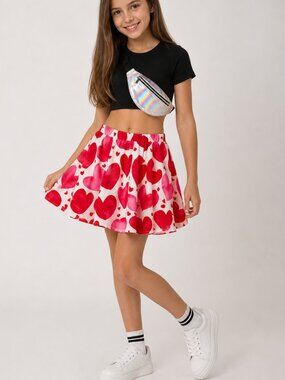 Girls Heart Print Skirt Red Pink Valentine Elastic Waist Size 130 Kids